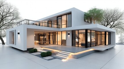 Poster - A modern, minimalist house featuring large glass windows, a sleek design, and a landscaped exterior, showcasing contemporary architecture, Modern Minimalist Architecture.