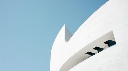 Poster - A minimalist architectural structure with a curved white facade, contrasting against a clear blue sky, emphasizing modern design, Modern Minimalist Architecture.