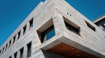 Poster - A modern building with a minimalist design, featuring angular shapes, stone walls, and large windows against a clear blue sky, Modern Minimalist Architecture.