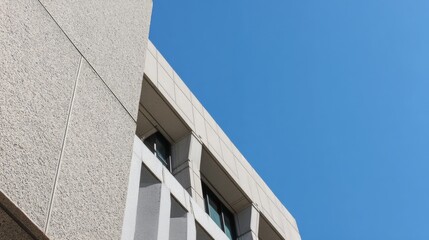 Poster - A modern building's upper corner against a clear blue sky, showcasing geometric architecture and clean lines, Modern Minimalist Architecture.