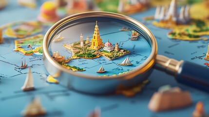 Poster - A Close Up of a Magnifying Glass Focusing on a Detailed Miniature Cityscape on a Map : Generative AI