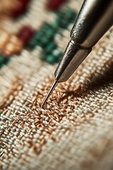 Poster - Macro view of a sewing needle piercing through fabric during embroidery representing craftsmanship and art : Generative AI