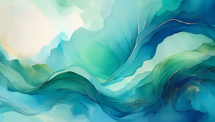 Poster - Abstract waves in shades of blue and green with delicate line details