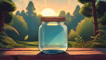 Poster - Glass jar with water in a serene forest at sunrise