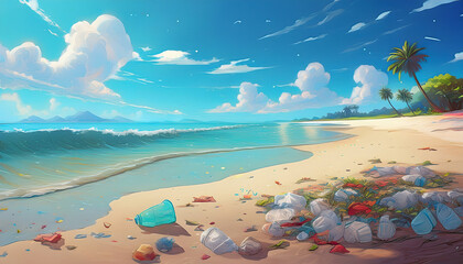 Aufkleber - Polluted beach with plastic waste under a bright blue sky