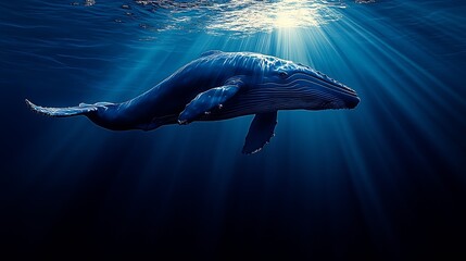 Poster - Majestic humpback whale swimming gracefully underwater in deep blue ocean light rays : Generative AI