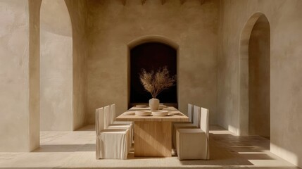 Poster - A serene dining area featuring a wooden table, minimalist chairs, and a vase of dried flowers, surrounded by textured walls and arches, Modern Minimalist Architecture.