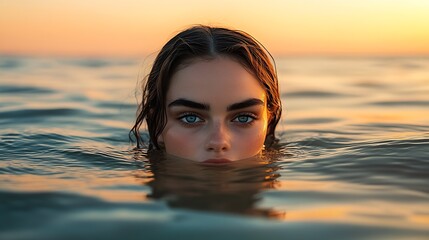 Aufkleber - Striking close-up of a woman with intense gaze immersed in tranquil waters illuminated by sunset hues : Generative AI