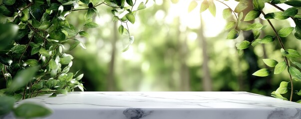 Poster - A serene scene featuring a marble surface surrounded by lush green leaves, hinting at a tranquil outdoor setting, Modern Minimalist Architecture.