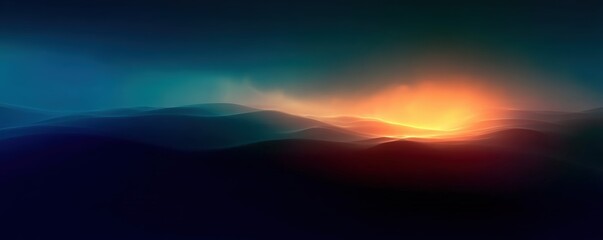 Poster - A serene landscape featuring soft waves of color, transitioning from deep blues to a vibrant orange glow, suggesting a tranquil sunset or dawn, Modern Minimalist Architecture.