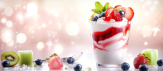 Aufkleber - Refreshing yogurt parfait with a medley of fresh fruits arranged elegantly, perfect for a delicious and healthy treat : Generative AI