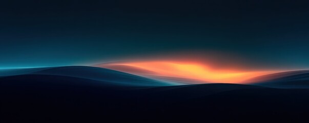 Poster - A serene, abstract landscape at dusk, featuring smooth gradients of dark blues and a glowing orange horizon, Modern Minimalist Architecture.