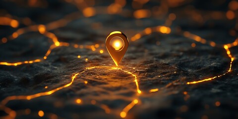 Fototapete - Illuminated golden location pin on textured surface enhances our understanding of navigation and places of interest in travel : Generative AI
