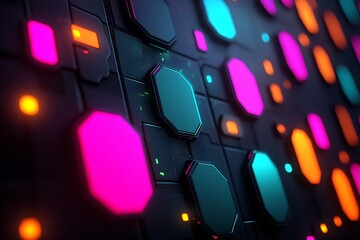 Fototapete - Futuristic wall design featuring vibrant hexagon shapes in neon colors against a dark backdrop : Generative AI