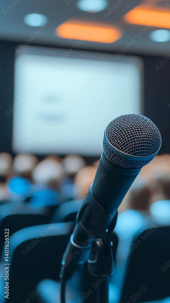 Close up of microphone in the foreground with blurred audience during a ...