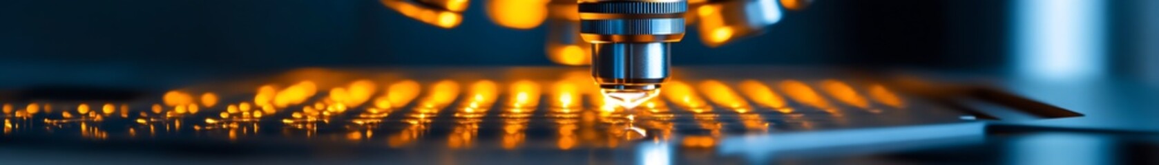 Fototapete - Close up image of a microscope illuminating a droplet on a shimmering laboratory surface : Generative AI