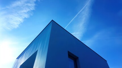 Poster - A modern building with a sharp, angular design against a bright blue sky, featuring wispy clouds and a strong interplay of light and shadow, Modern Minimalist Architecture.