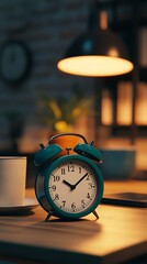 Aufkleber - Charming alarm clock positioned on a table with soft lighting creating a calm atmosphere : Generative AI