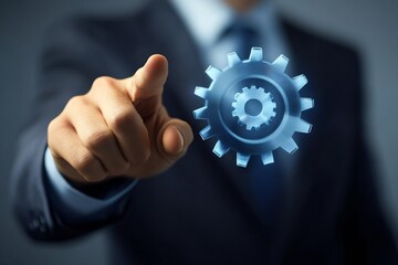 Poster - Business professional interacting with a digital gear icon in a modern business environment : Generative AI