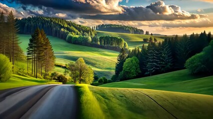 Aufkleber - Scenic Drive Through Rolling Green Hills and Lush Forests at Sunset