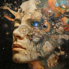 surreal portrait of a woman with cosmic and abstract elements
