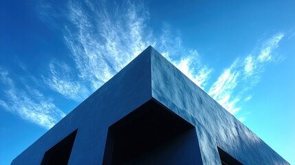 Poster - A striking architectural structure against a clear blue sky, featuring sharp angles and wispy clouds above, Modern Minimalist Architecture.
