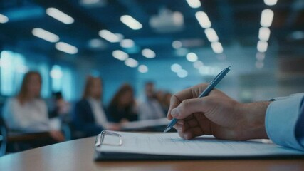 Poster - Professional businessman carefully writing notes on clipboard during conference meeting, capturing focused moment of corporate learning and strategic information gathering in slow motion