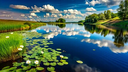 Aufkleber - Serene Lake with Water Lilies and Lush Greenery under a Blue Sky with Fluffy White Clouds