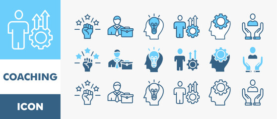 Poster - COACHING icon set with various styles and colors motivation, coach, potential, development, skill, support, knowledge, and advice	