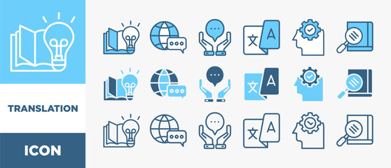 Poster - TRANSLATION icon set with various styles and colors dictionary, interpretation, translator, communication, language, and knowledge	