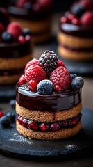 Poster - Elegant dessert featuring a round layered cake with berry toppings in a rich chocolate sauce : Generative AI