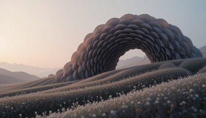 Poster - Ethereal landscape transformation with abstract arch design serene mountains digital art tranquil environment artistic perspective