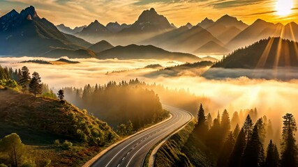 Aufkleber - Golden Sunrise Road Trip Through a Misty Mountain Valley