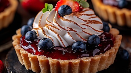 Poster - Indulge in a delightful fruit tart adorned with blueberries and strawberries topped with luxurious cream : Generative AI