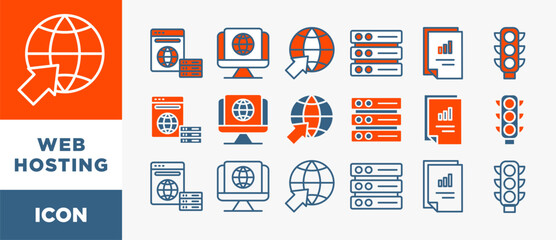 Poster - WEB HOSTING icon set with various styles and colors provider, webspace, domain, website, server, data, traffic and service	