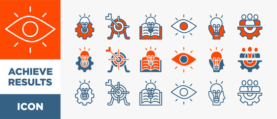 Poster - ACHIEVE RESULTS icon set with various styles and colors creativity, vision, innovation, knowledge, experience, management and goal	