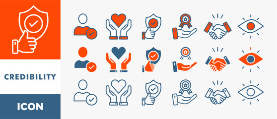 Poster - CREDIBILITY icon set with various styles and colors integrity, trust, reliable, authentic, commitment, regard, and reputation	