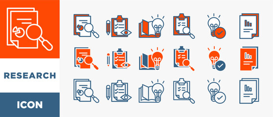 Fototapete - RESEARCH icon set with various styles and colors analysis, data, survey, development, fact, knowledge and data entry