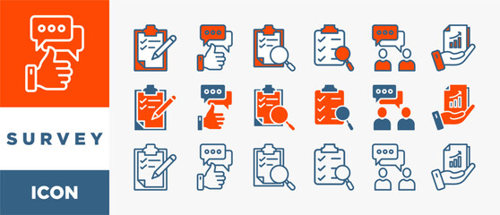 Fototapete - SURVEY icon set with various styles and colors customer satisfaction questionnaire feedback with icon of evaluation, research, interview and result	
