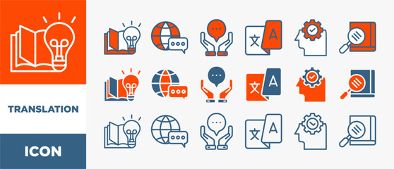Poster - TRANSLATION icon set with various styles and colors dictionary, interpretation, translator, communication, language, and knowledge	