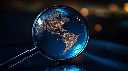Aufkleber - Magnifying glass displaying bright illuminated map of the Americas at nighttime : Generative AI