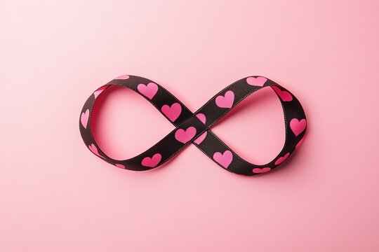 Valentine's heart-print ribbon in the shape of an infinity symbol on a pink background