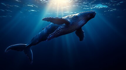 Poster - Stunning underwater view of humpback whale in vast ocean illuminated by sunlight : Generative AI