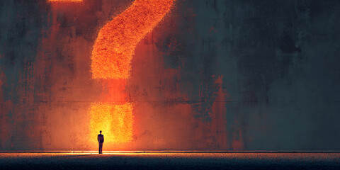 Poster - Man stands before large, fiery question mark on textured wall, symbolizing uncertainty or seeking answers, suitable for concepts of inquiry or contemplation