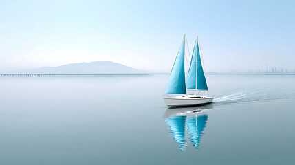  Serene sailboat glides across calm water, reflecting a hazy cityscape and distant mountains