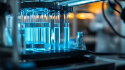 Fototapete - Illuminated Glass Test Tubes in a Cutting Edge Laboratory Setting for Research Purposes : Generative AI