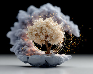 Wall Mural - Whimsical digital art of a stylized tree amidst smoke, sparks, and glowing rings