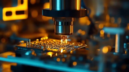 Poster - Close up shot of a precision microscope illuminating a circuit board in a high tech manufacturing environment : Generative AI