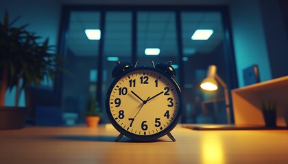 Leinwandbilder - Elegant Black Alarm Clock on Minimalist Desk with Warm Ambient Light in Office Environment : Generative AI