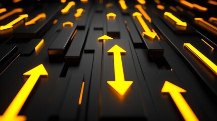 Leinwandbilder - Perspective View of Yellow Arrows Leading in Different Directions on a Dark Surface Conveying Movement : Generative AI
